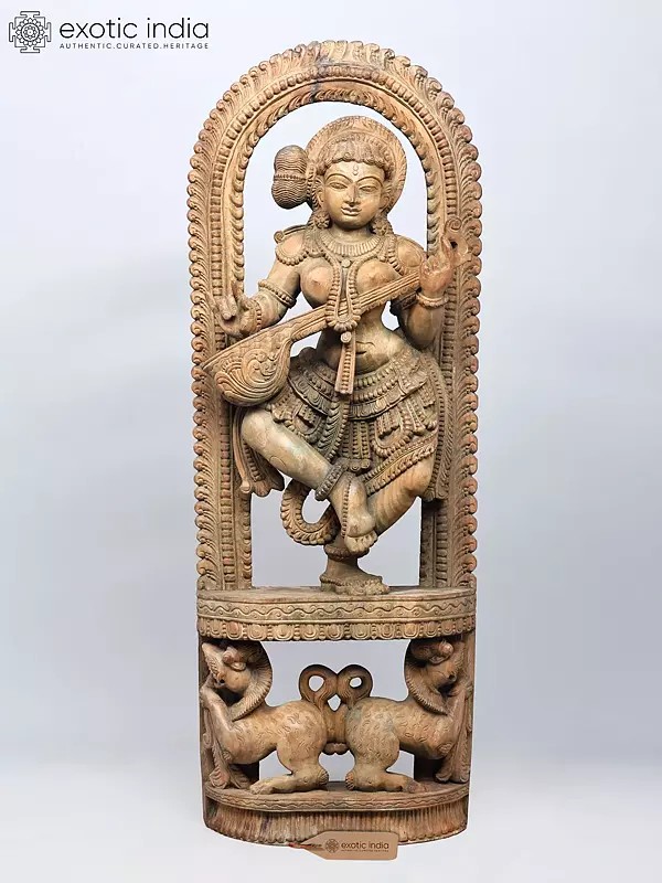 Large Wood Carving: 48" Saraswati, Goddess of Wisdom and Musical Arts