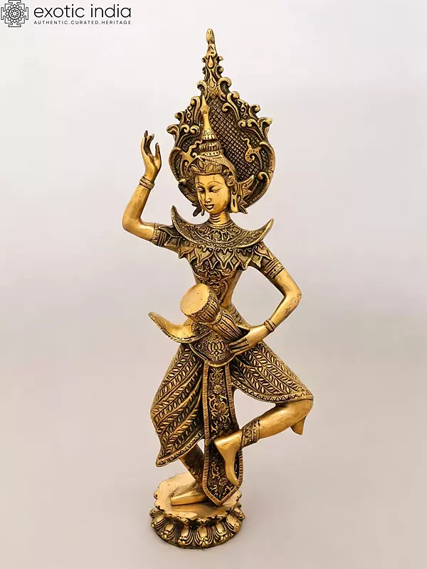 22" Dancing Apsara with Drum - Handcrafted Buddhist Brass Statue