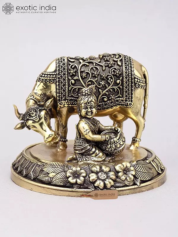 Brass Butter Krishna with Cow Statue, 5 Inch