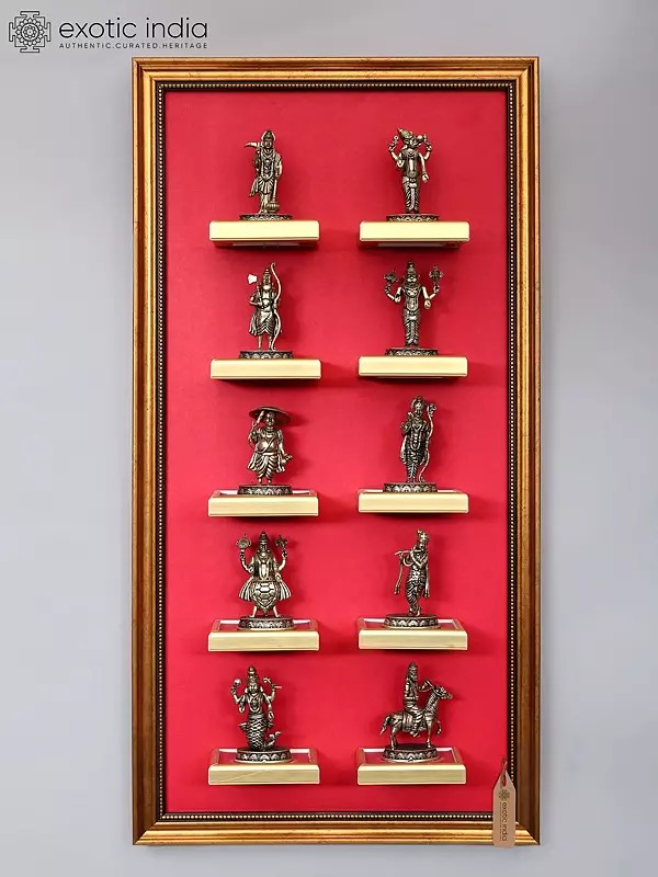 20" Superfine Dashavatara Set in Brass with Designer Wood Frame | Wall Hanging