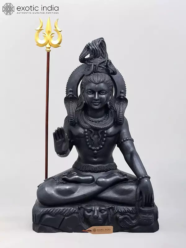 36" Large Finely Carved Blessing Lord Shiva | Black Marble Sculpture