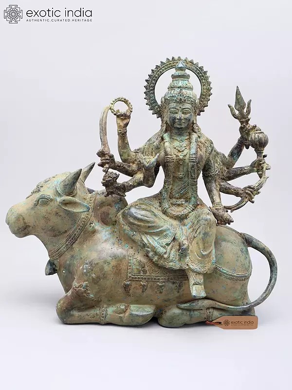 15" Goddess Durga Seated on Nandi | Brass Statue