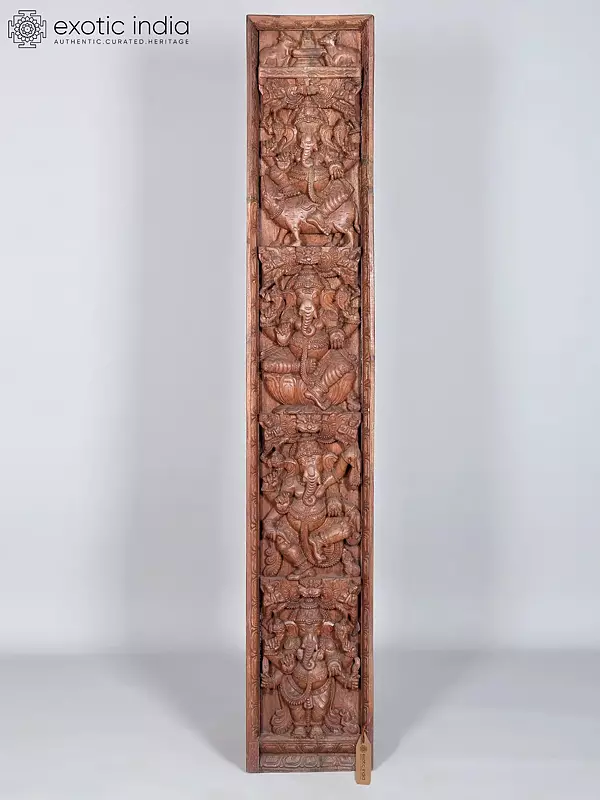 Wood Carved Wall Panel: 72" Large Depicting Multiple Ganesha Forms
