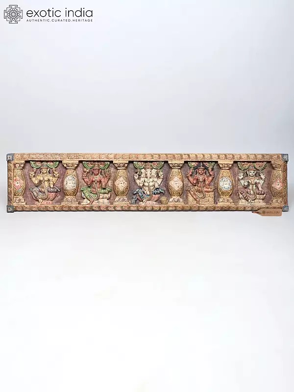 Large Wood Carving: Lord Ganesha and Gods Wall Panel
