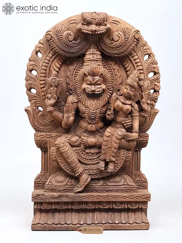 Lord Narasimha & Lakshmi Wood Sculpture on Kirtimukha Throne | 18" Carving | Display Versatility