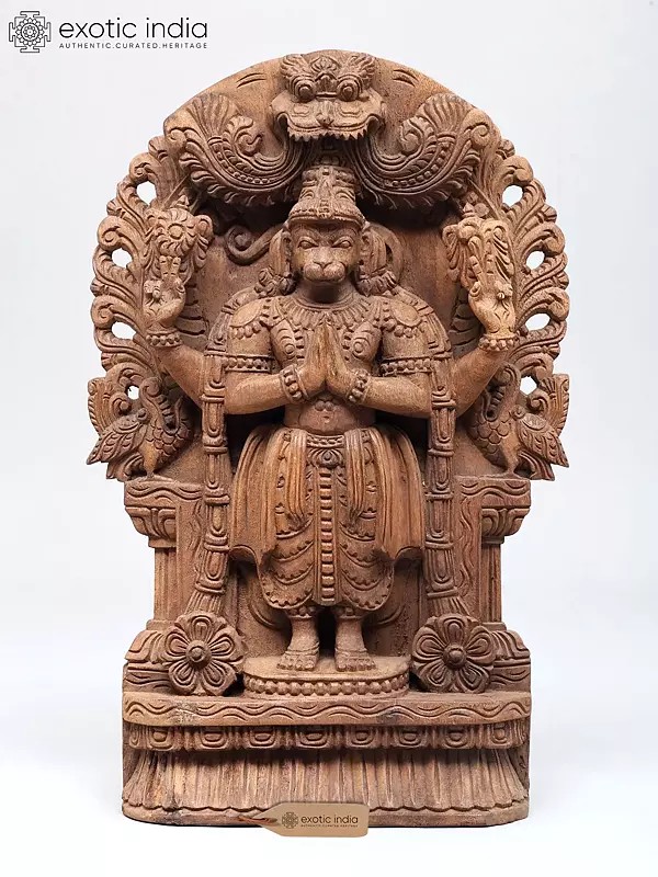 Lord Hanuman Wood Carving: 18" Four Armed Statue in Namaskar Mudra