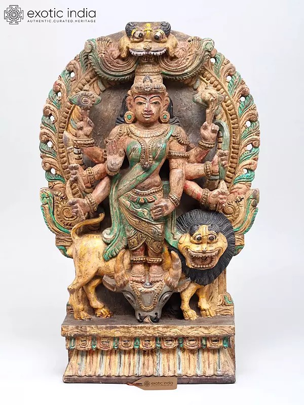 24" Blessing Goddess Durga Standing on Bull | Wood Carved Idol