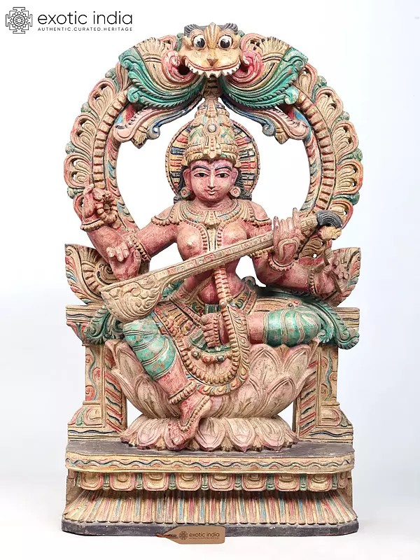 30" Large Devi Maa Saraswati Statue Seated on Kirtimukha Throne | Wood Carving