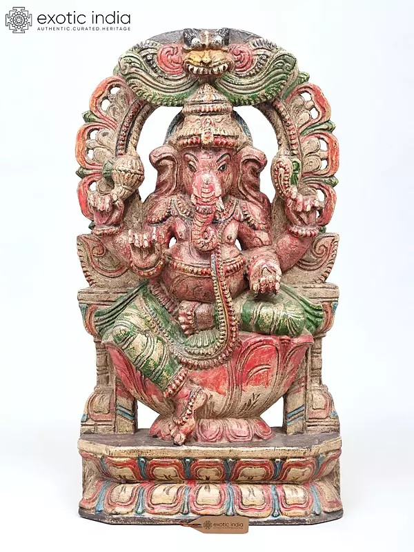 18" Four Armed Lord Ganesha Seated on Lotus Wood Carved Statue