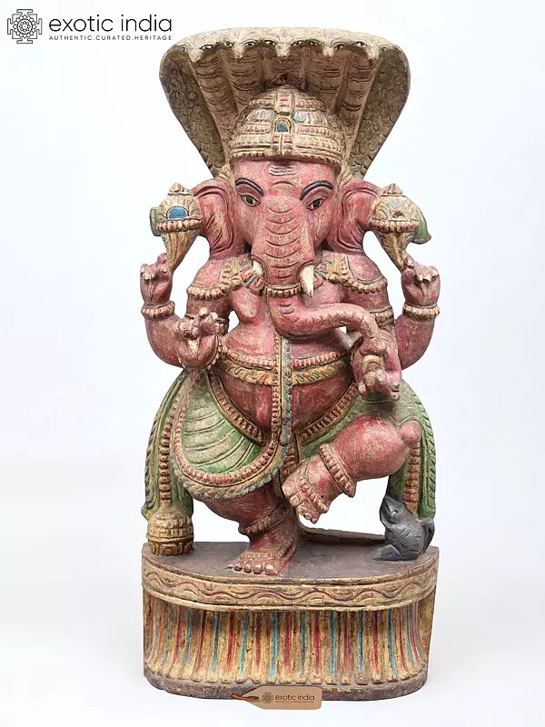 24" Dancing Lord Ganesha with Five Hooded Serpent - Wood Carved Statue