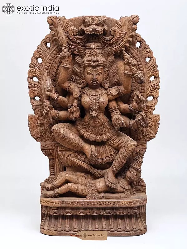 24" Eight-Armed Goddess Kali Seated on Kirtimukha Throne - Wood Carving