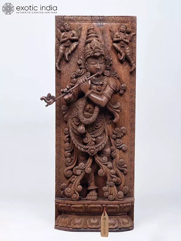 36" Large Fluting Lord Krishna Wood Carving Statue | Standing & Wall Hanging