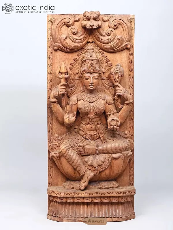 41" Blessing Goddess Mariamman Seated on Lotus | Detailed Wood Carved Statue | Wall Hanging & Standing