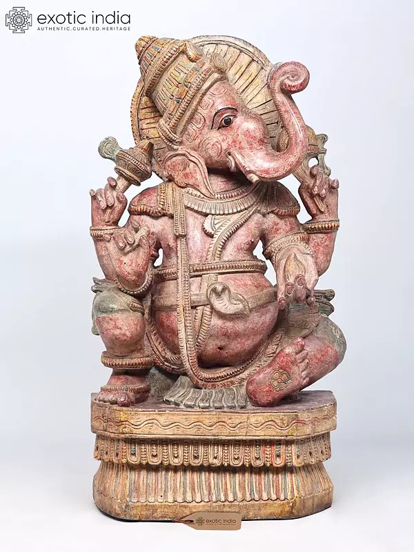 Large Wooden Ganesha Statue: Side Face, 34" Height, Upraised Trunk