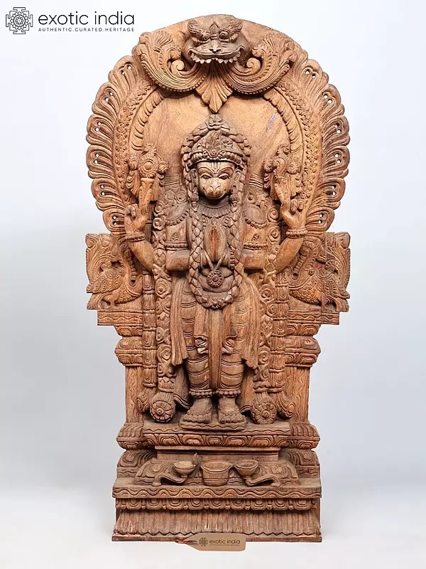 36" Large Four Armed Standing Lord Hanuman Wood Carving on Kirtimukha Throne