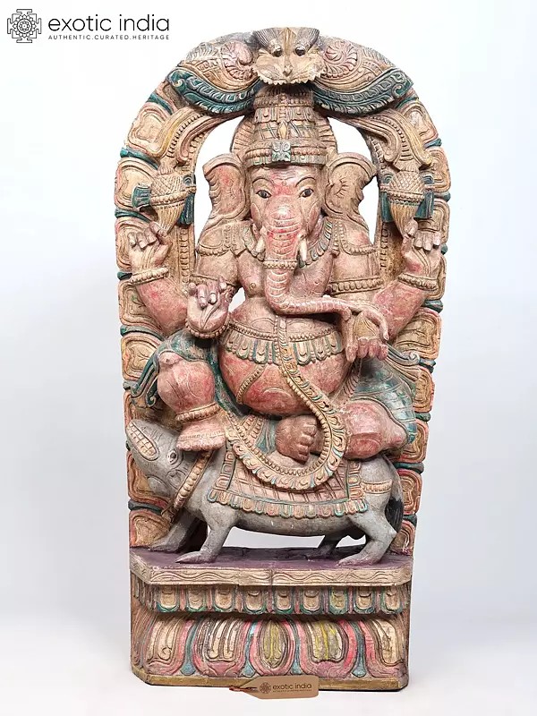 36" Large Lord Ganesha Seated on Mushak Wood Carving | Standing and Wall Hanging