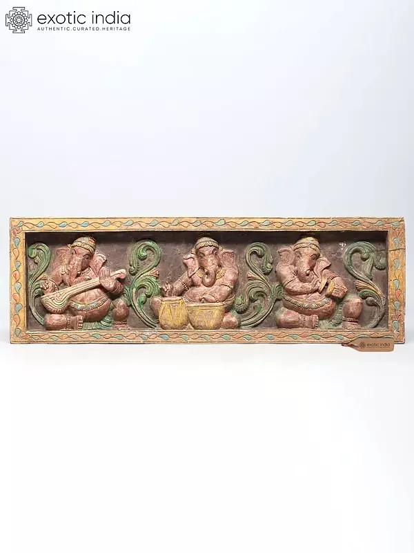 Large Musical Ganesha Wall Panel - Wood Carving