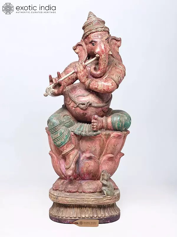 36" Large Fluting Lord Ganesha Wood Carved Statue