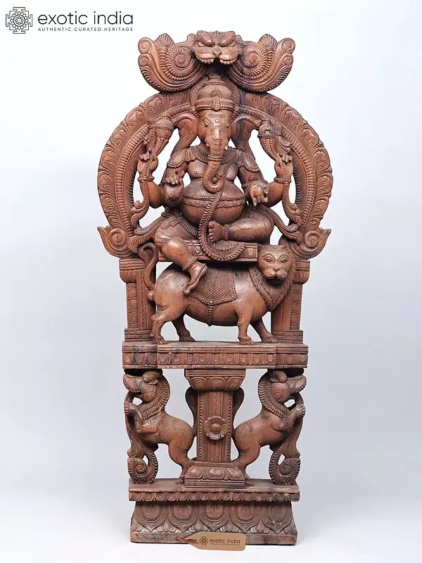 46" Large Lord Ganesha Seated on Lion with Yali Wood Carved Statue