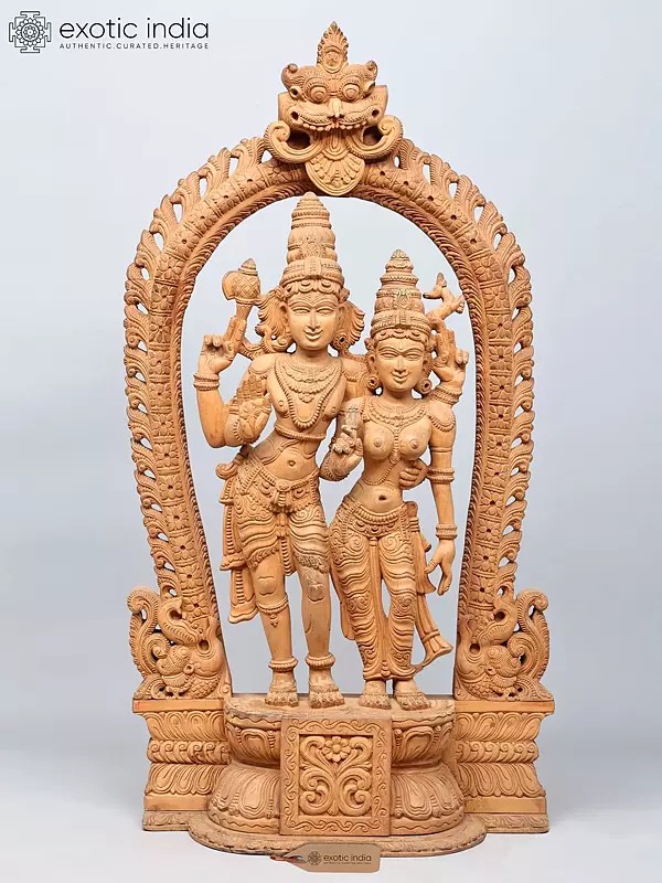 Shiva-Parvati Wood Sculpture: Graceful Standing Pose with Ornate Kirtimukha Arch