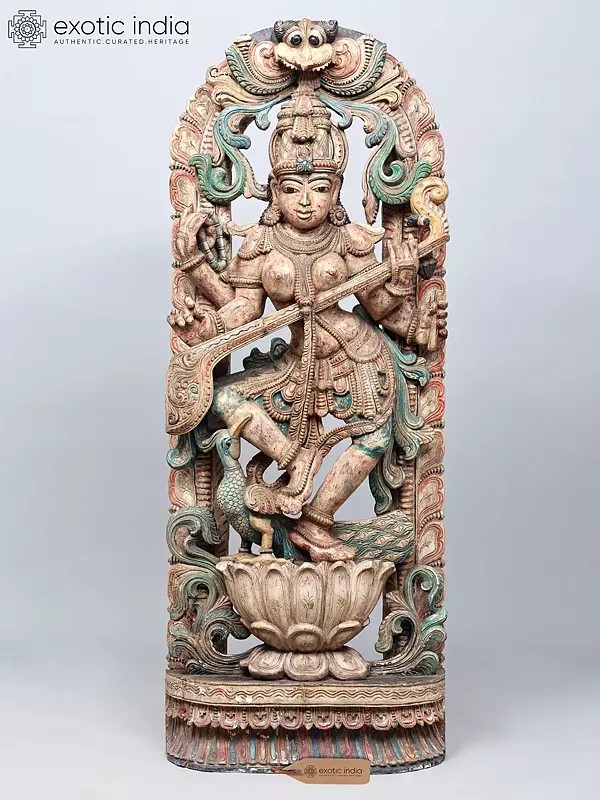 48" Large Dancing Goddess Saraswati | Wood Carved Statue