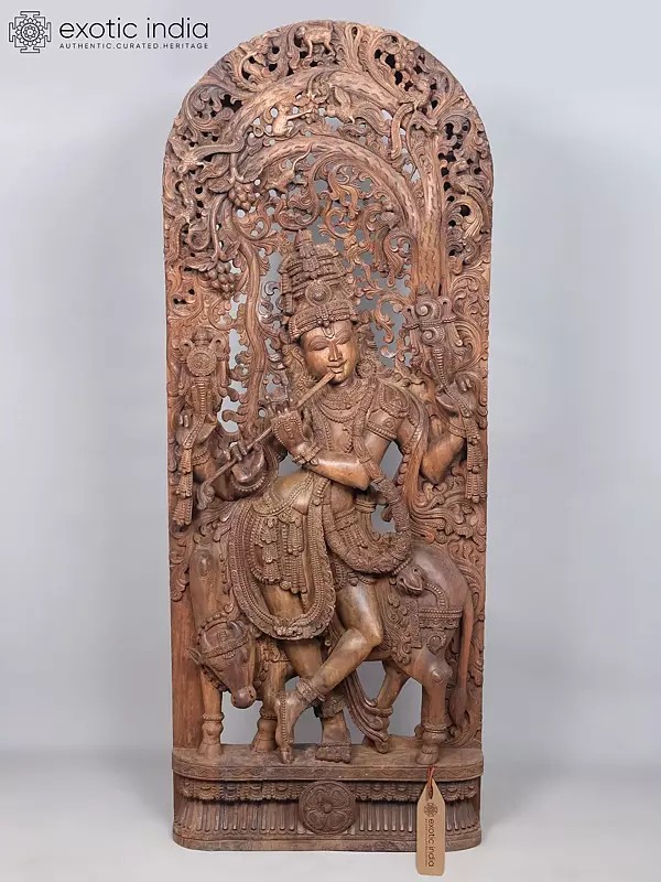 Majestic Wood Carving: 84" Venugopal Krishna with Cow