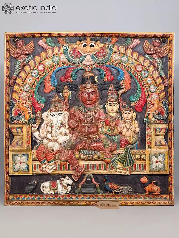 Large 52" Wood Carving Panel: Shiva Family with Kirtimukha Arch