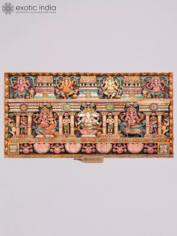 72" Large Lord Ganesha Wood Carved Wall Panel - Multiple Forms
