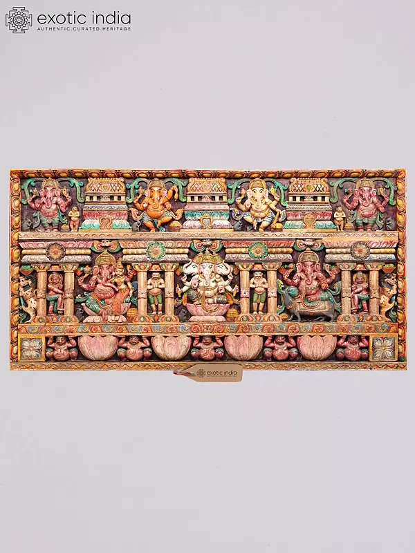 72" Large Lord Ganesha Wood Carved Wall Panel - Multiple Forms