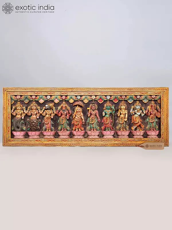 75" Large Colorful Dashavatara of Lord Vishnu Wood Carved Wall Hanging Panel