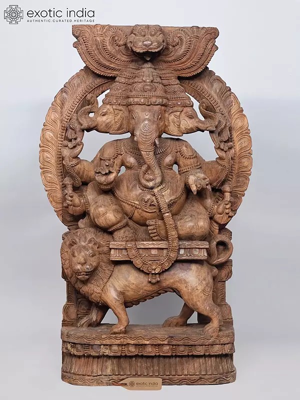 Large Three-Headed Ganesha Wood Statue, 48" Tall, Riding a Lion