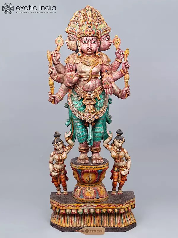 60" Tall Three-Faced Vishwakarma Wood Sculpture