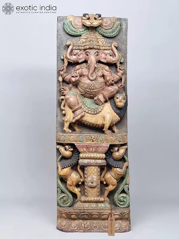 Carved Wood Ganesha Sculpture: 48" Three Heads Seated on Lion with Yali | Versatile Display