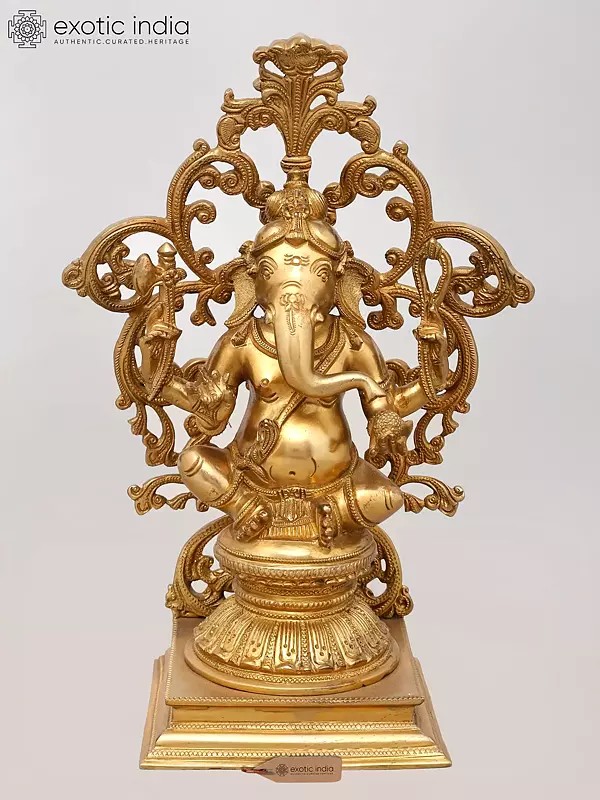 13" Majestic Seated Lord Ganesha with Ornate Prabhavali - Brass Statue