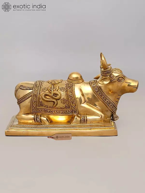 Seated Brass Nandi Bull Sculpture, 13" - Mount of Shiva