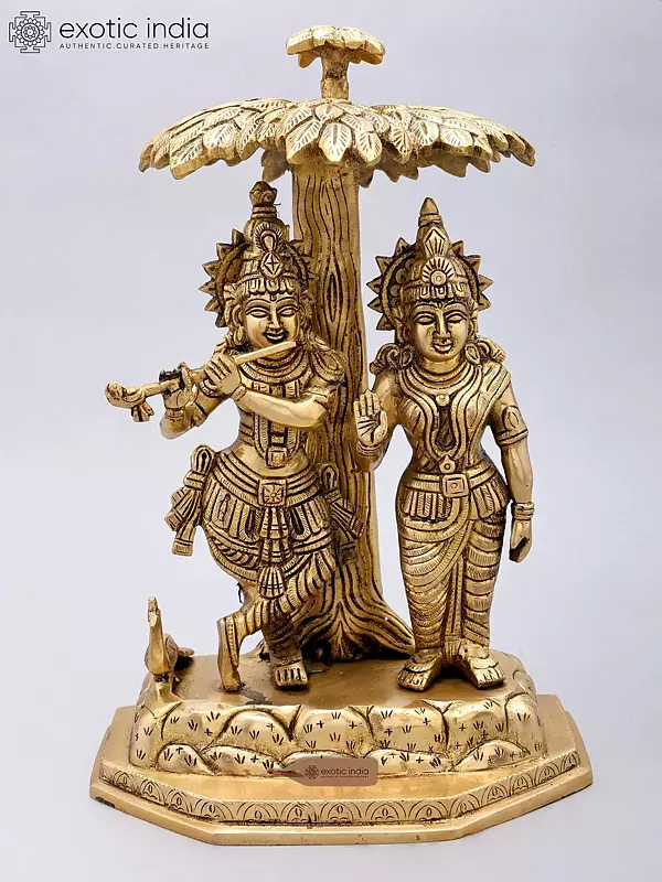 Brass Radha Krishna Statue Standing Under a Tree | 13 Inches