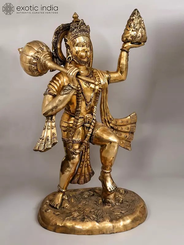 Large Brass Lord Hanuman Figure with Sanjivani Mountain