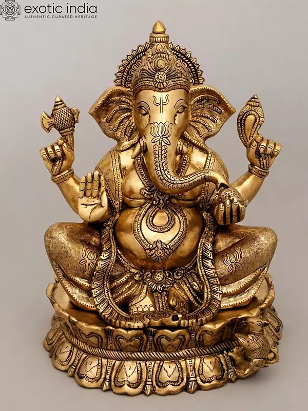 14" Blessing Lord Ganesha Seated on Lotus Pedestal | Brass Statue