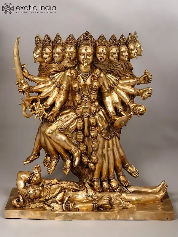 Large 46" Brass Statue: Fierce Mahakali with Multiple Heads and Arms on Lord Shiva