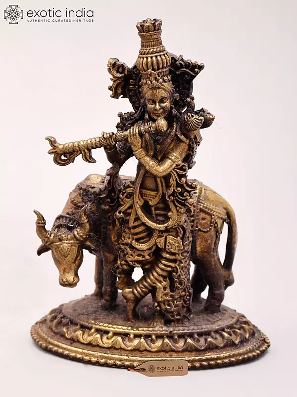 Small Size Copper Statue: Krishna Playing Flute with Cow