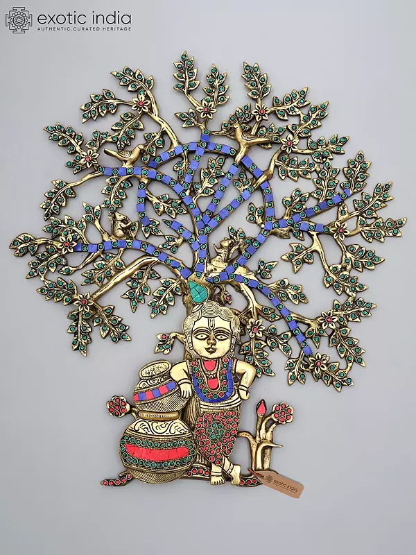 21" Krishna Standing Under The Tree | Brass Statue with Inlay Work | Wall Hanging