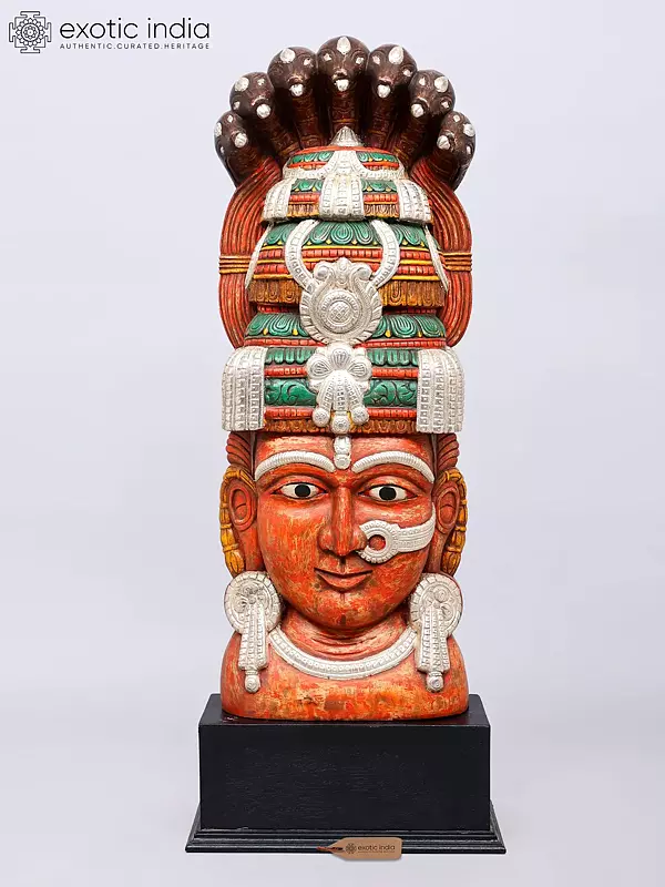 36" Large Goddess Parvati Head Wood Statue with Silver Work
