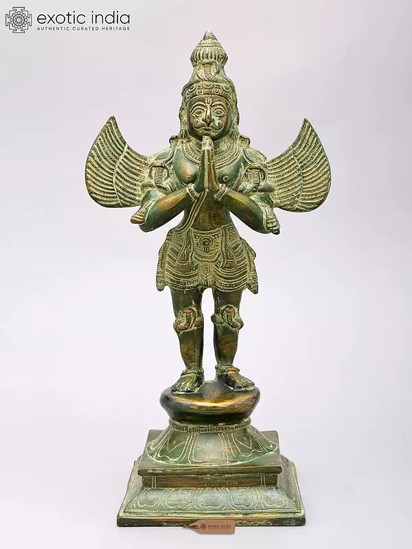 Brass Garuda Sculpture: 15" Tall, Namaskar Pose