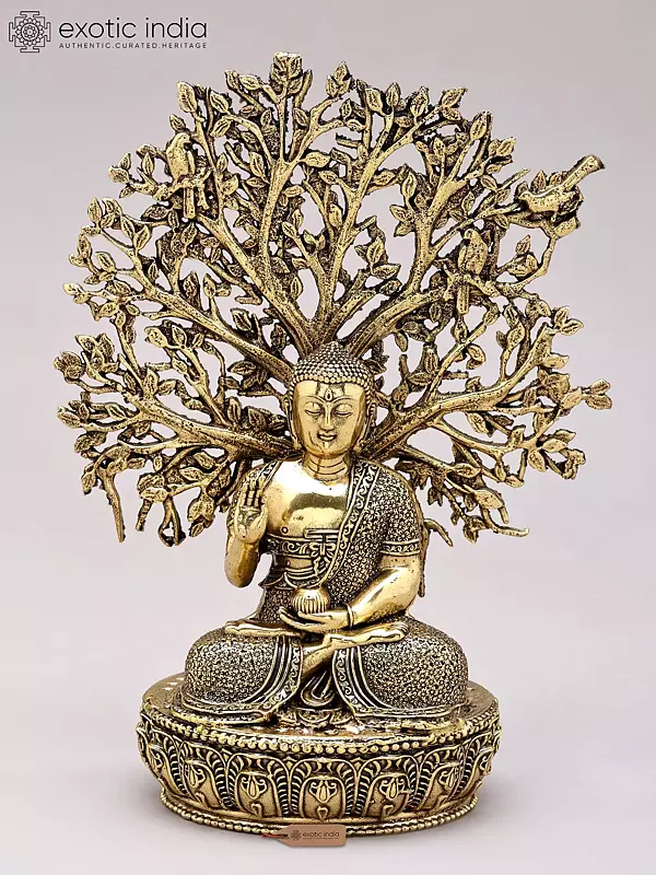 Small Brass Statue: Buddha Seated Under Bodhi Tree (6")