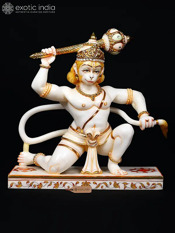 16" Lord Hanuman in Dynamic Pose | White Marble Statue