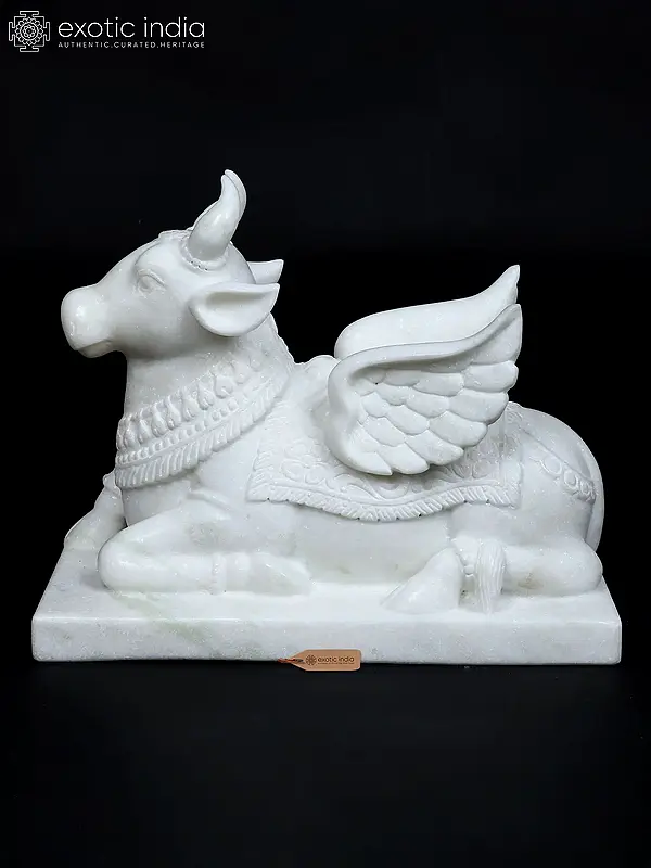 White Marble Nandi Statue with Wings | 15" Divine Bull