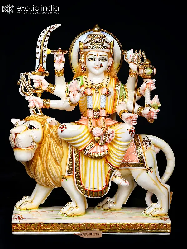 White Marble Sculpture of Goddess Durga (Sherawali Maa) - 18 inches