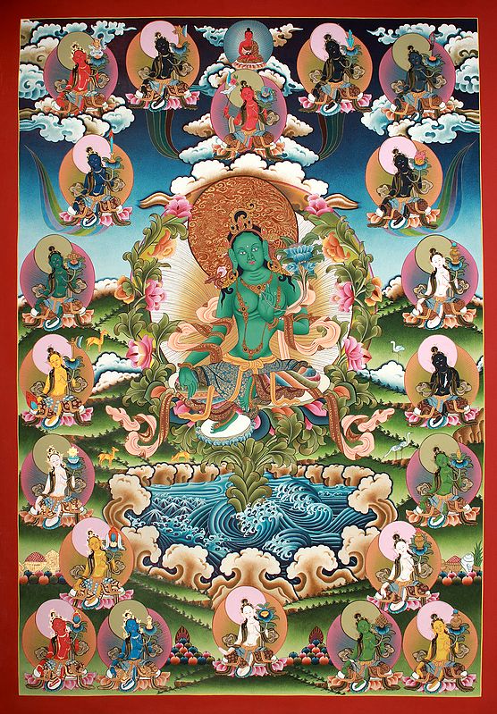 Superfine -Twenty Two Forms of Tibetan Buddhist Goddess Green Tara (Thangka Without Broacade)