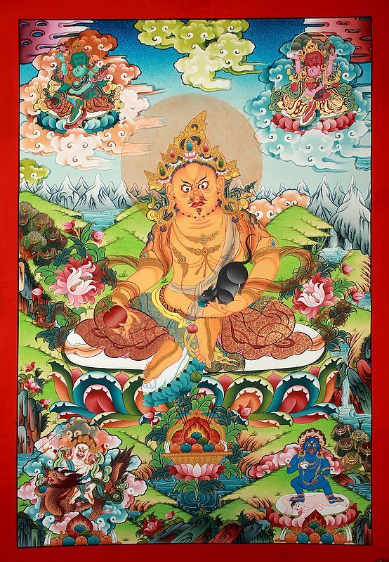 Superfine Tibetan Buddhist Deity Kubera - Brocadeless Thangka