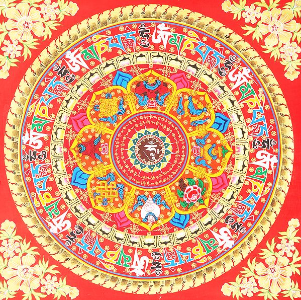 Tibetan Buddhist OM (AUM) Mandala with the ASHTAMANGALA (Eight Auspicious Symbols) with the Auspicious Mantras